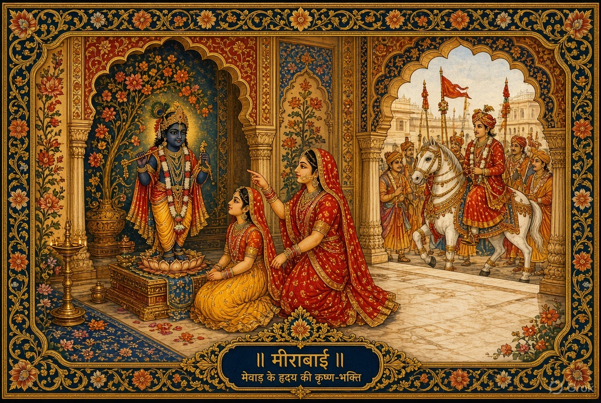 Child Meerabai shown the idol of Krishna as her bridegroom