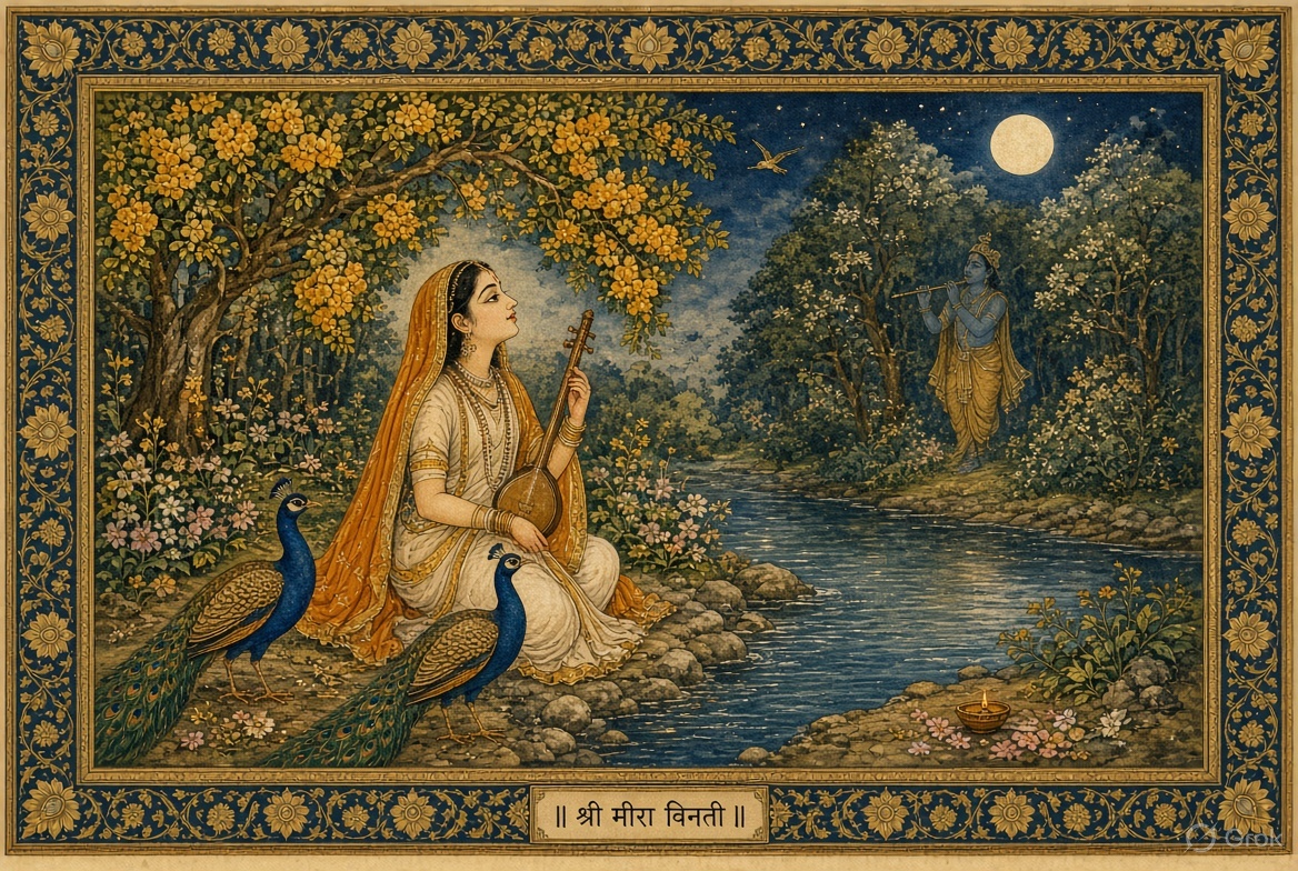 Meerabai singing on the Yamuna bank in Vrindavan while Krishna plays the flute