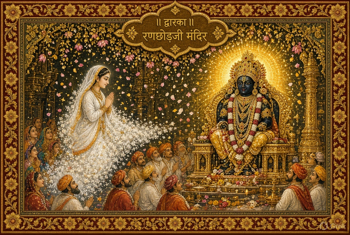 Meerabai merging into the idol of Ranchhodji at Dwarka