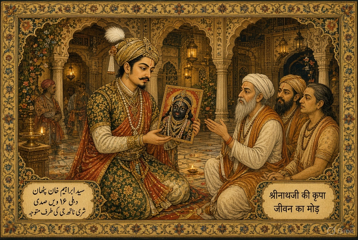 Young Syed Ibrahim receiving a painting of Shrinathji