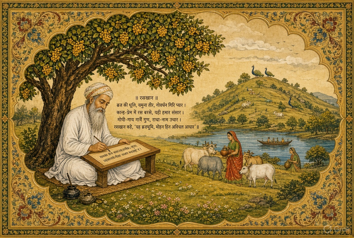 Raskhan writing Krishna verses under a kadamba tree in Braj