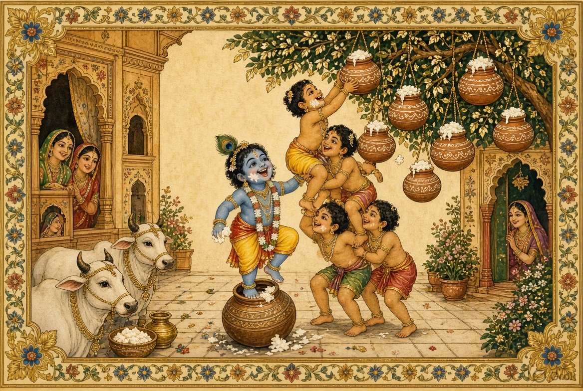 Little Krishna and friends stealing butter in Gokul