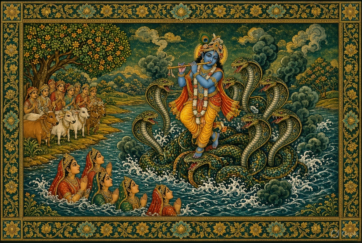Krishna dancing on the hoods of Kaliya in the Yamuna
