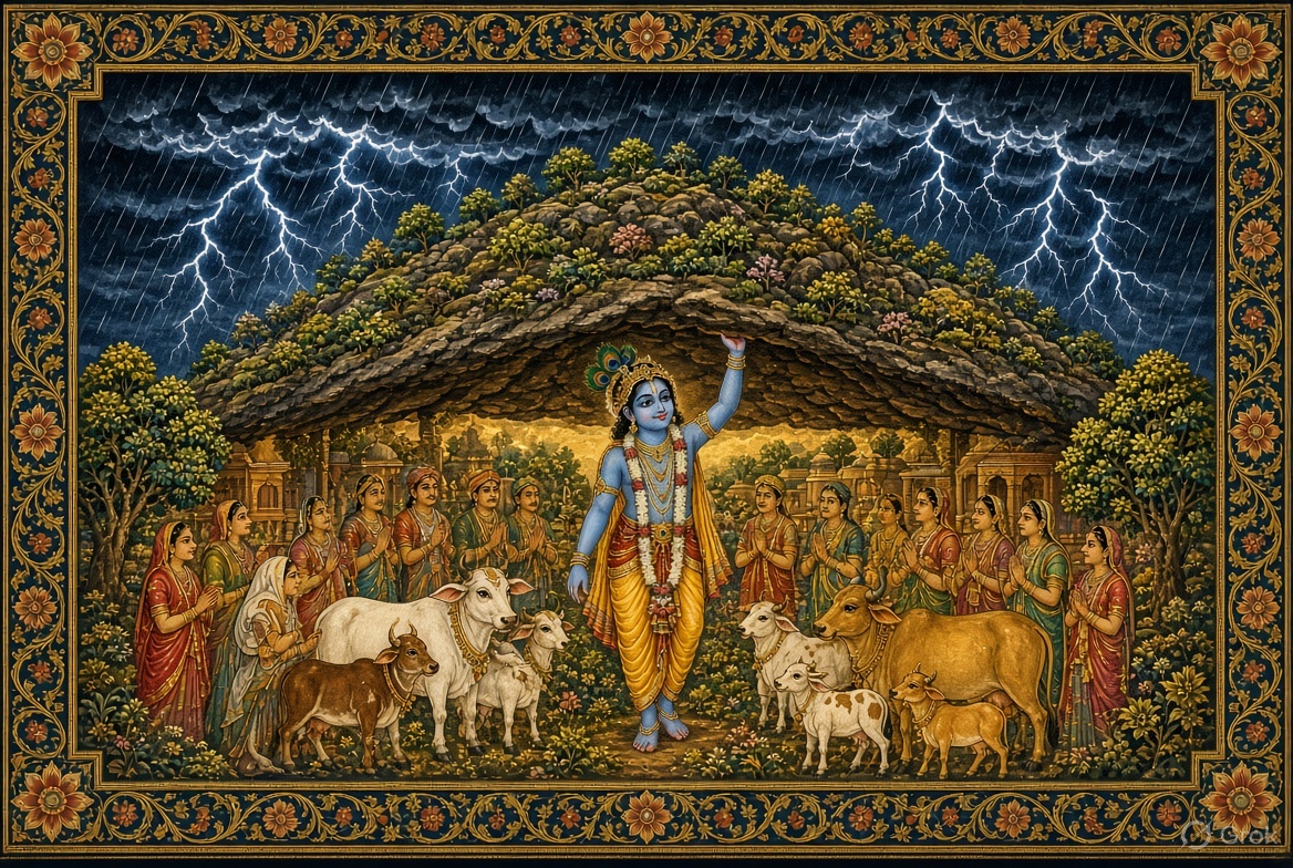 Krishna lifting Govardhan