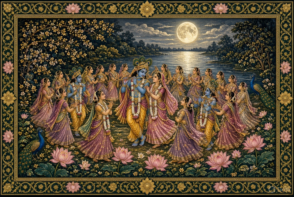 Moonlit Raas Leela of Krishna with Radha and the gopis