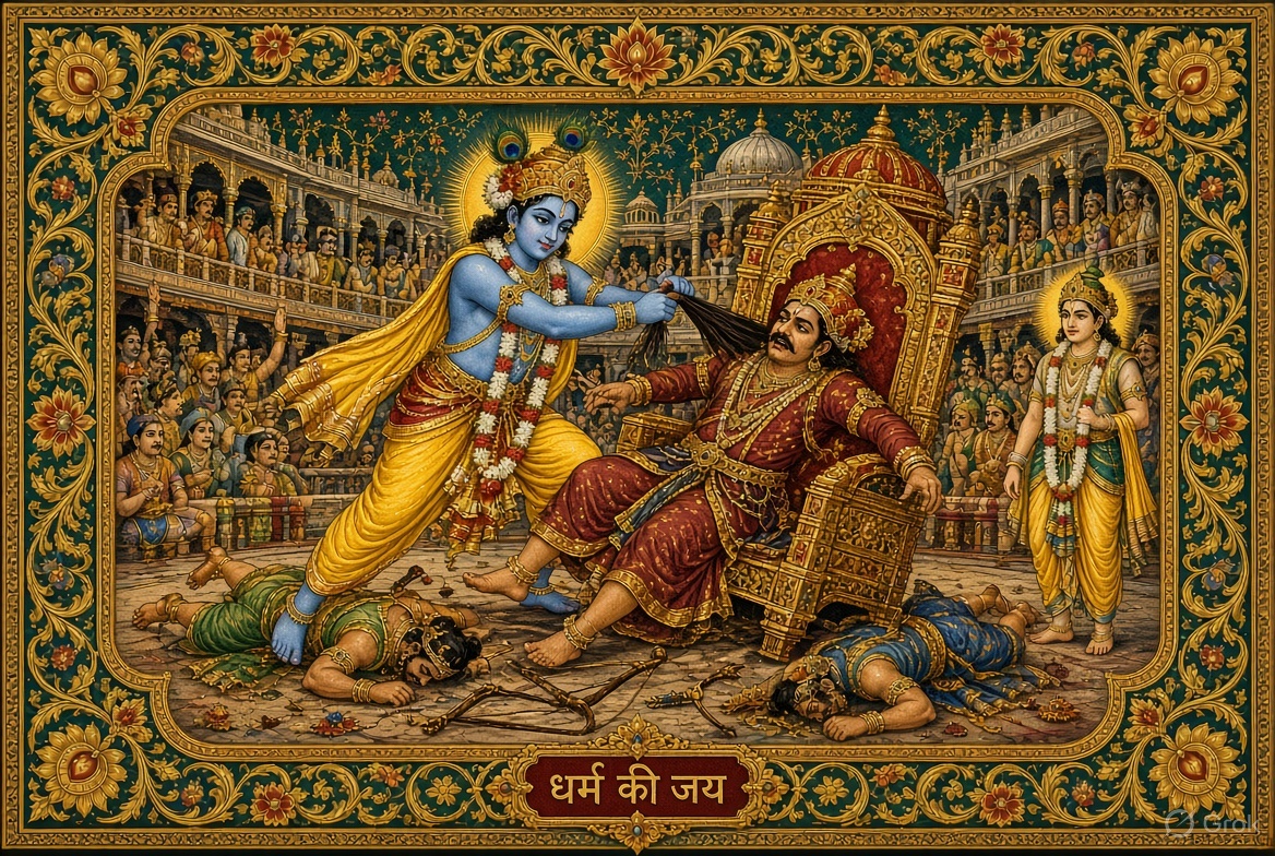 Krishna pulling Kamsa from the throne in the Mathura arena